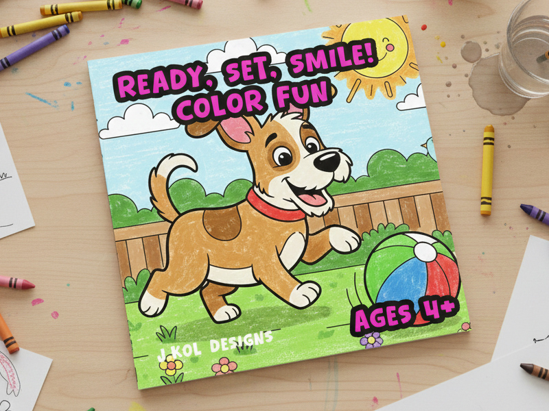 Ready, Set, Smile! Color Fun kids coloring book by J.Kol Designs sitting on a wooden art table with crayons and sketches