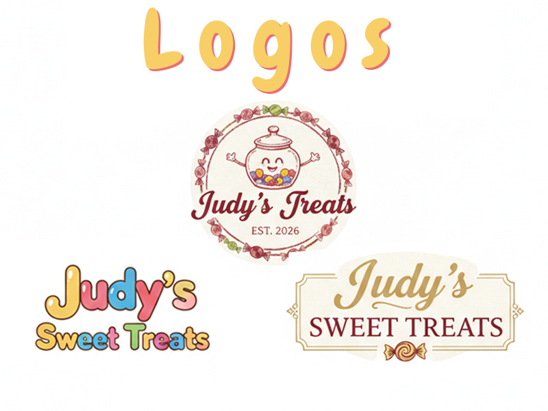 Comparison of three modern logo design styles for Judy's Sweet Treats candy company by J.Kol Designs.
