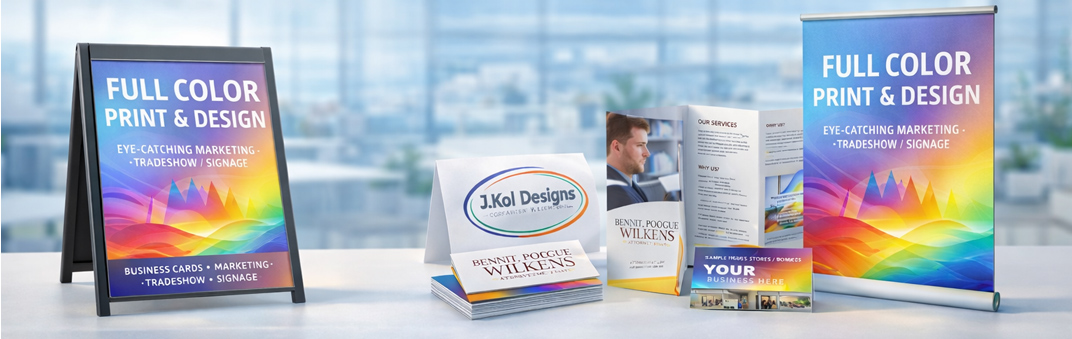 Professional print and signage Rochester NY, featuring high-end 3D mockups of business cards, vinyl banners, and storefront signs for J.Kol Designs.
