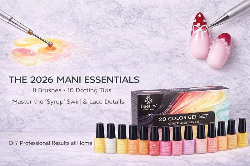 Spring 2026 Nail Trend Banner for J.Kol Designs: Showing the 'Syrup' Swirl technique using dotting tools, liner brushes, and the Beetles Spring Pudding Jelly Gel collection.