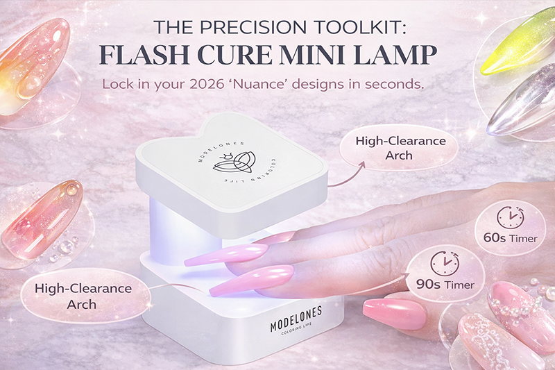 Modelones Mini UV LED Flash Cure Lamp on a white marble background with professional branding for J.Kol Designs. The graphic features text overlays for "High-Clearance Arch" and timer settings, alongside Spring 2026 nail art trends like pink syrup nails and white lace details.