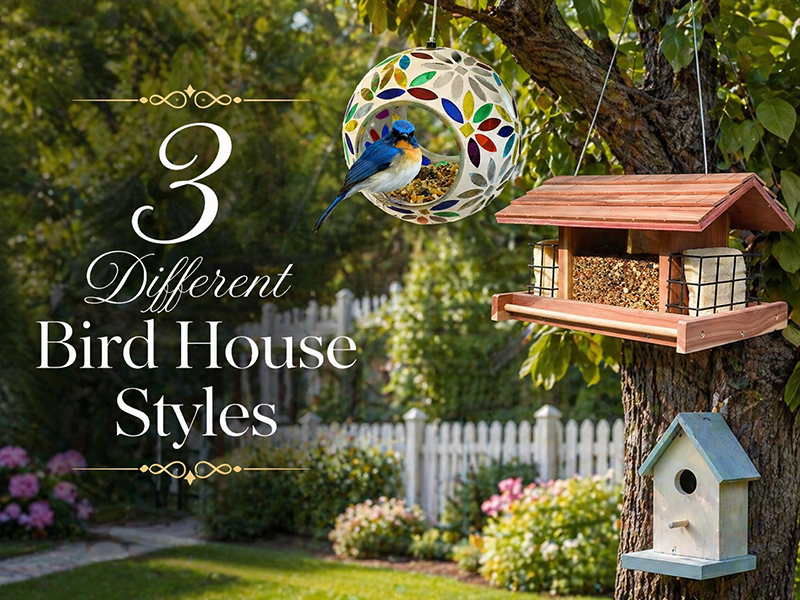 show are three different bird house styles, from basic, traditional and elegant.