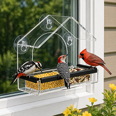 clear bird feeder attached to window of home