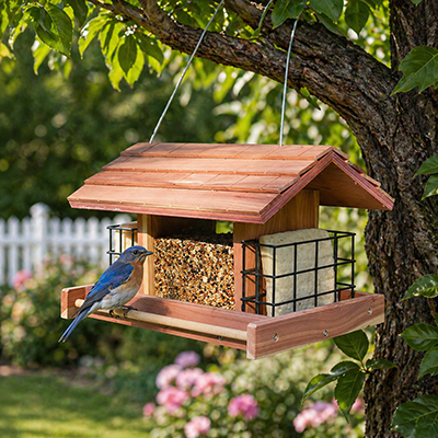 large beautiful hanging bird house with birds feeding.